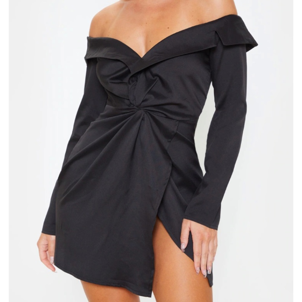 PLT Black Bardot Knot Detail Blazer Dress Size 12 large Off Shoulder Strapless